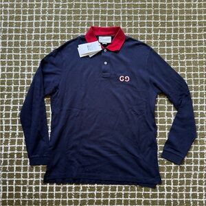 Gucci Navy Long-Sleeve Polo with Red Collar and Pink GG